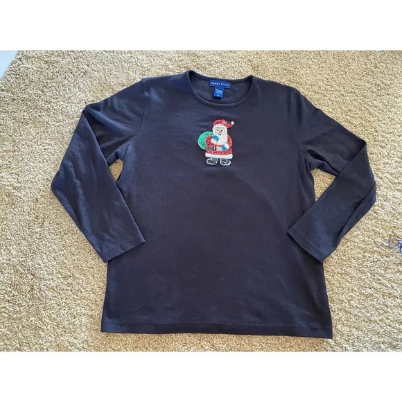 Karen Scott Womens Size Large Black Christmas Santa Sequin Shirt Top Long Vtg - Picture 3 of 7